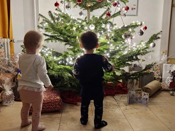 Kinder stehen staunend vor dem leuchtenden Weihnachtsbaum