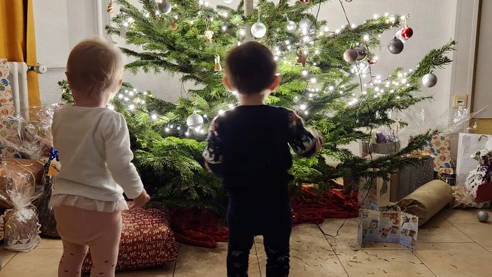 Kinder stehen staunend vor dem leuchtenden Weihnachtsbaum